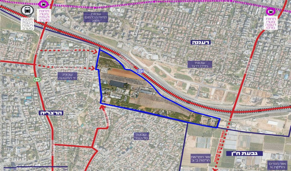 טיוטת תכנית במבט על: גבולות מתחם שביב מסומנים בכחול על גבי צילום אוויר